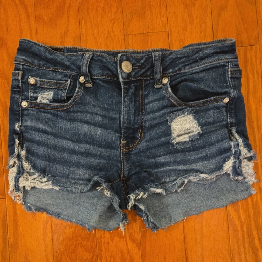 American Eagle Outfitters Dark Blue Distressed Jean Shorts Size 8